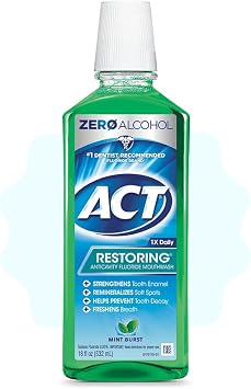 ACT Restoring Zero Alcohol Fluoride Mouthwash 33.8 fl. oz. Strengthens Tooth Enamel, Mint Burst & DenTek Triple Clean Advanced Clean Floss Picks, No Break & No Shred Floss, 150 Count