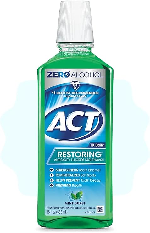 ACT Restoring Zero Alcohol Fluoride Mouthwash 33.8 fl. oz. Strengthens Tooth Enamel, Mint Burst & DenTek Triple Clean Advanced Clean Floss Picks, No Break & No Shred Floss, 150 Count
