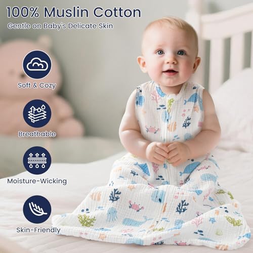 Image of PHF Soft Muslin Cotton Baby Sleep Sack 0-6 Months, 2 Pack 100% Cotton Sleeping Sack for Summer, 0.5 TOG Baby Wearable Blankets with 2-Way Zipper, Sleep Sacks for Girls Newborn, Mermaid