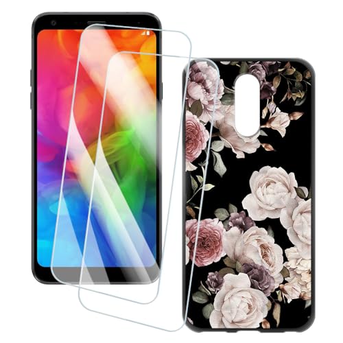 OAGELIM 2 Pack Screen Protector + Case Compatible with LG Q7 Plus (5.5 inch) Case Artistic Cover and Tempered Glass Film Anti-Scratch (Flowers)