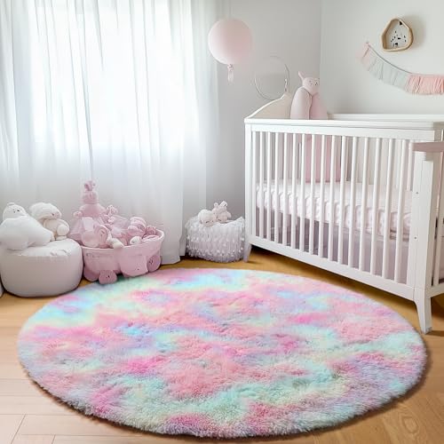 ONASAR Rainbow Round Area Rugs 5ft, Soft Bedroom Circle Rug Mats for Kids Girls Teen Room, Kawaii Fluffy Plush Shaggy Carpet for Dorm Nursery Living Room Playroom Home Decor Princess Castle by ONASAR - Used condition - Image 7