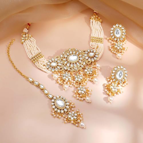 Image of Rubans Necklace Maangtikka Set Gold Plated Kundan & Pearl Jewellery Gift for Women & Girls