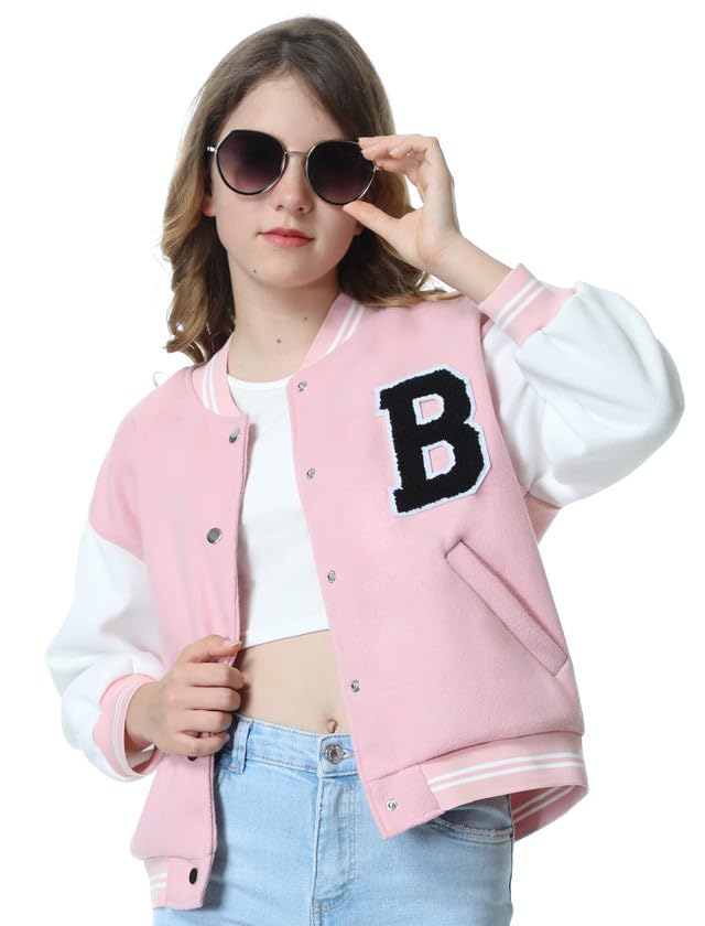 Mebius Girls Varsity Jacket Kids Tweed Letterman Baseball Outerwear Stripe Trim Contrast Sleeve School Coats3