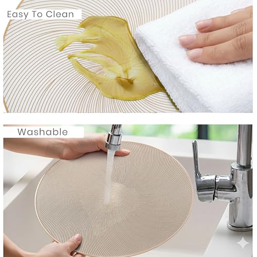 Image of Yellow Weaves 2 Pcs PVC Round Table Placemats, Dining Table Mat, Stain Resistant, Anti-Skid, Waterproof, Washable, Dining, Kitchen, Restaurant Table Set Easy to Clean, Durable (Spiral Golden)