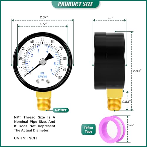 Image of 0-100psi Well Pump Pressure Gauge 1 /4 inch NPT 2 inch Face Dial Size Lower Mount, Multifunctional Practical Dry Pressure Gauge, for Water, Oil and Air Compressor