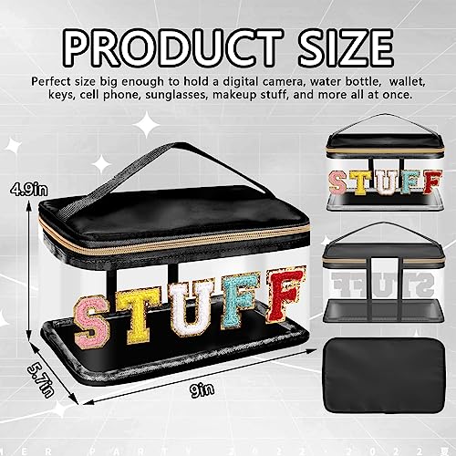 Iqimott Preppy Clear Makeup Bag Stuff Pouch, Chenille Letter Cosmetic Bag for Women Girls, Nylon PVC Toiletry Storage Handbag, Travel Transparent Waterproof Zipper Pouch with Handle(Stuff, Black) by Iqimott - Image 2