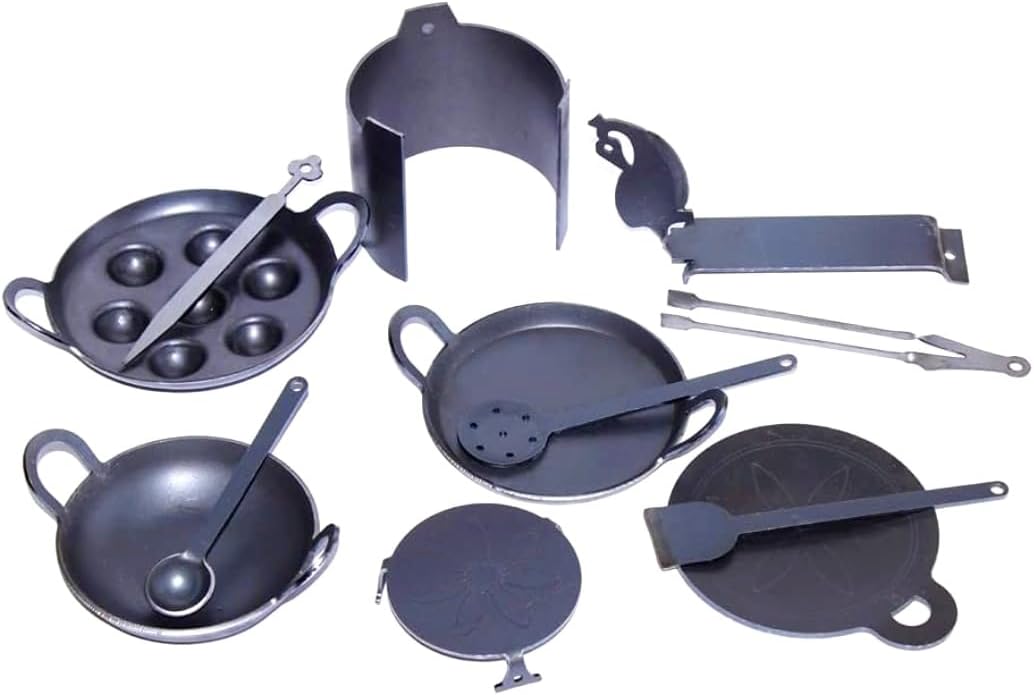 Nakshathra Iron Miniature Kitchen Set for Kids, Tiny Cookware Toys for Real Cooking Set, Ideal for Creative Playing - Set of 12 (Black)
