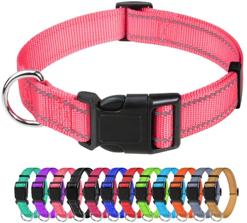 TagMe Reflective Nylon Dog Collars, Adjustable Classic Dog Collar with Quick Release Buckle for Extra Small Dogs, Baby Pink, 1.5 cm Width