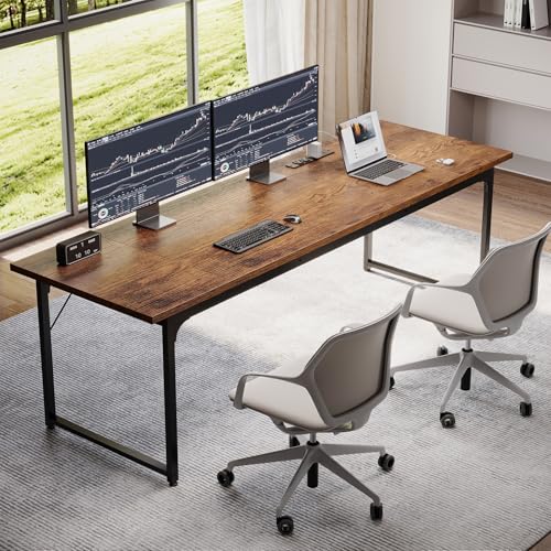 Image of Coleshome 79 Inch Large Computer Desk with Power Outlet, Extra Long Desk for Home Office & Gaming, Spacious Writing Table for Study and Crafting, Rustic Brown