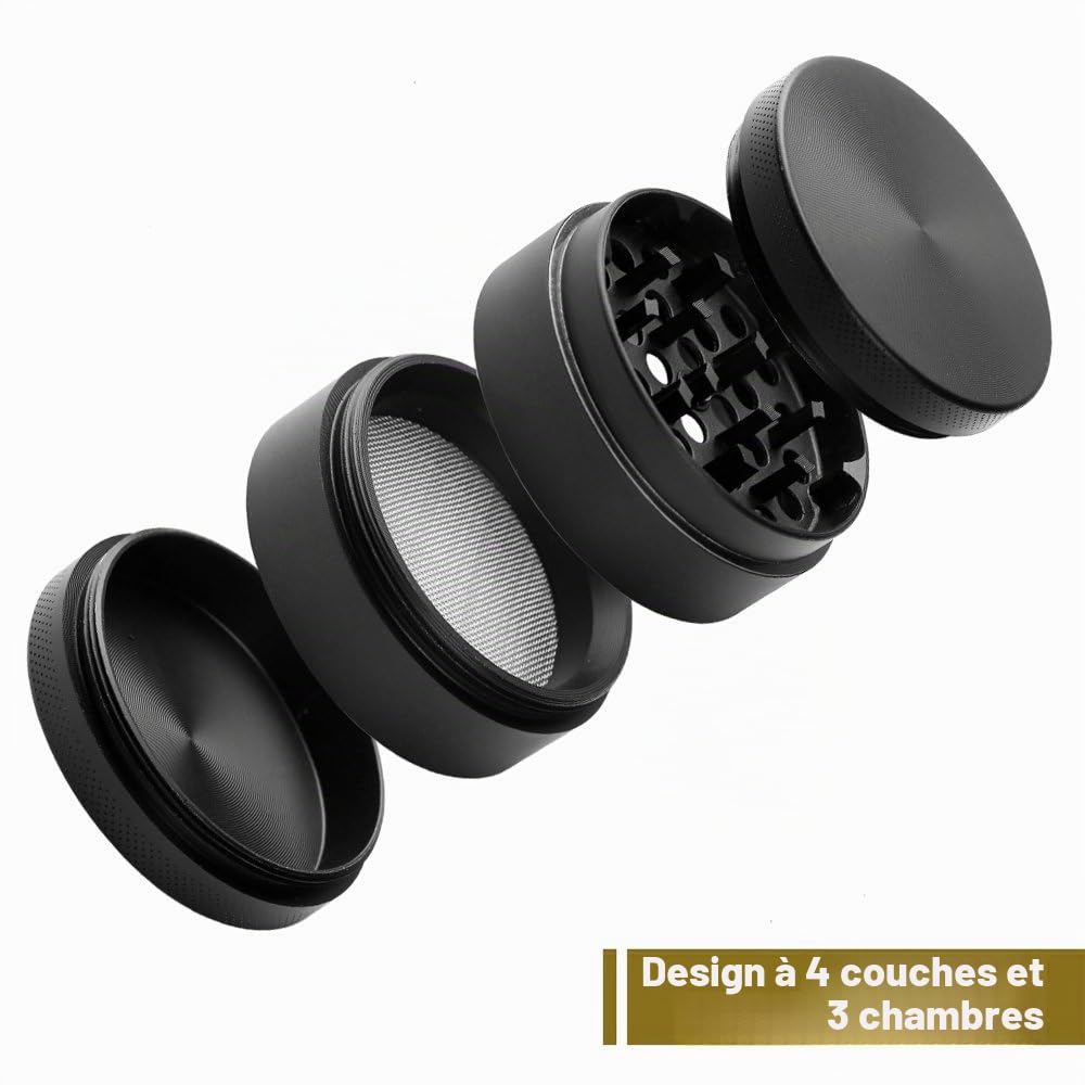 Moulin à épices 4 pièces en alliage de zinc avec filtre et grattoir, fermeture magnétique, noir compact, pour épices (5 x 4 cm)