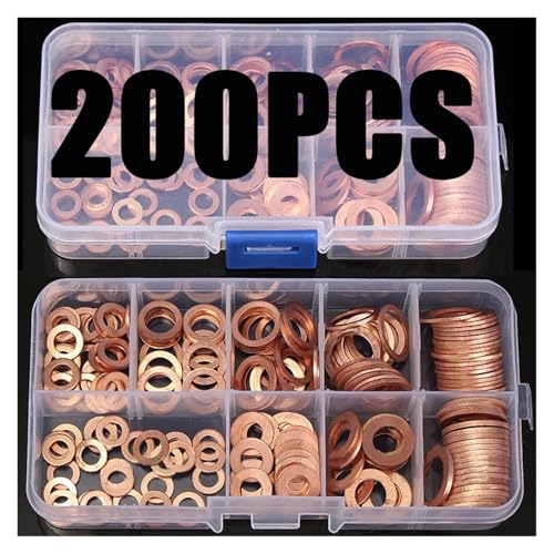 200Pcs Copper Washer Gasket Nut and Bolt Set Flat Ring Seal Assortment Kit with Box M5/M6/M8/M10/M12/M14 for Sump Plugs