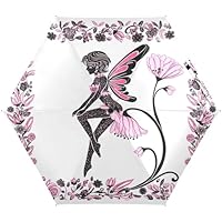 RPLIFE Fairy Butterfly Flower Pink Umbrella, Lightweight Durable Uv Umbrellas for Sun Protection for Women, Travel Umbrellas for Sun