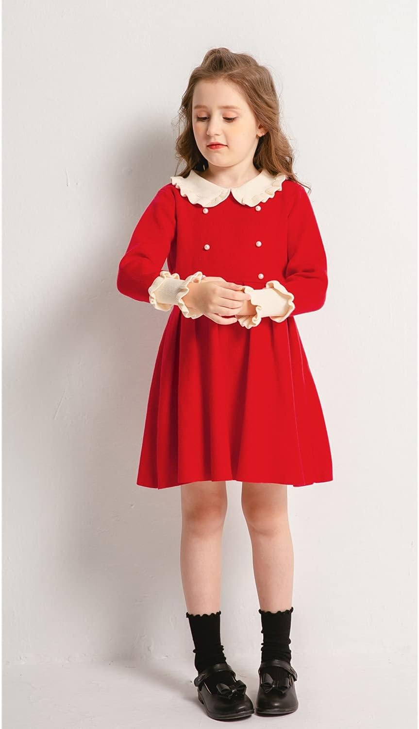 SMILING PINKER Girls Dresses Ruffle Peter Pan Collar Sweater Long Sleeve Knit Pleated Dress - Image 7