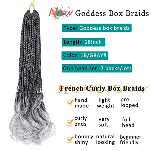 Liyate 7 Packs French Curl Crochet Braids 18 Inch Goddess Box Braids Crochet Hair Pre Looped Gray Crochet Box Braids With Wavy Curly Ends French Curl Braiding Hair Extension (Black,1B/Grey#) #TOP1
