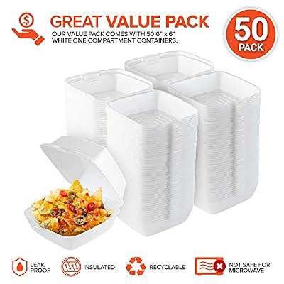 Stock Your Home 6x6 Clamshell Take Out Boxes (50 Pack) Small 1-Compartment Foam Food Containers Disposable Lunch Container, Restaurant Togo Trays with Hinged Lids for Takeout, Carryout, and Meal-Prep