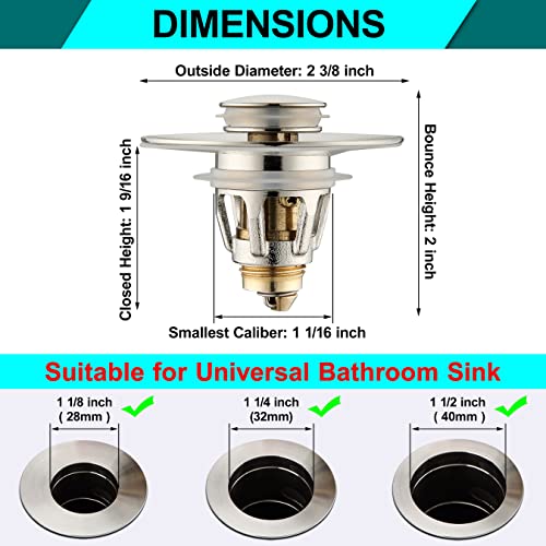 Universal Bathroom Sink Stopper - Bounce Wash Basin Drain Filter, Stainless Steel Pop Up Drain Stopper, Bullet Core Push Type Sink Stopper, Sink Drain Plug With Anti-Clogging Strainer, Brushed Nickel #TOP1