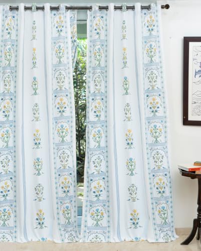 Image of Tranquebar Curtain Co. Room Darkening, 244 cm (Feet), Blue, Set of 2, 100% Cotton Fabric, Eyelet, Sashi- Curtains Feet Long,Eyelets,