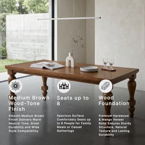 Image of Signature Design by Ashley Basinger Dining Table, 86 Inch, Medium Brown | Seats 8 with 25.88-inch legroom, Hardwood solids and mango wood veneer, Rustic turned legs, Farmhouse design