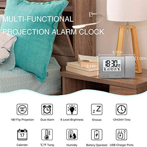 Henniu Despertador de projeção para quarto com termômetro higrômetro projeto digital relógio de teto