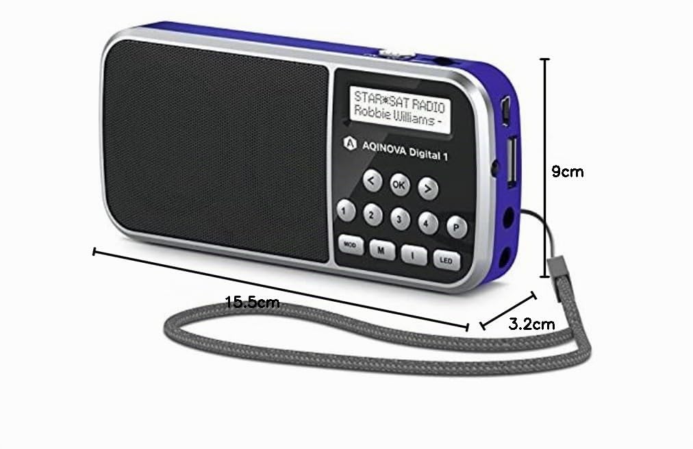 AQINOVA Digital 1 Radio Portable Dab+/FM (écran LCD, mémoire des favoris, Touches de sélection directe, Prise Casque, USB, AUX-in, Lampe de Poche LED, Batterie remplaçable, 1 W, Petite) Bleu