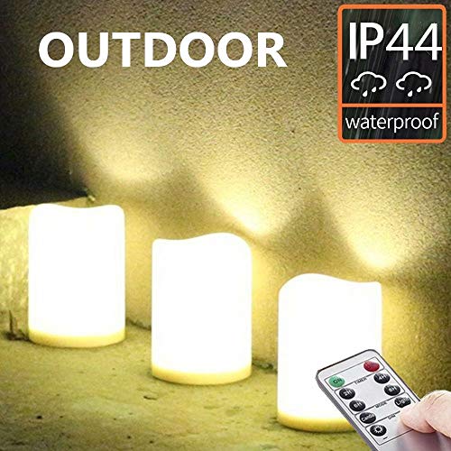 Image of Set of 3 Outdoor IP44 Warm White LED Rainproof Waterproof Flameless Battery LED Pillar Candles with Remote and Timer, Plastic, Won't Melt, Weather Resistant Design 3 x 4 inch, Timer 24hours