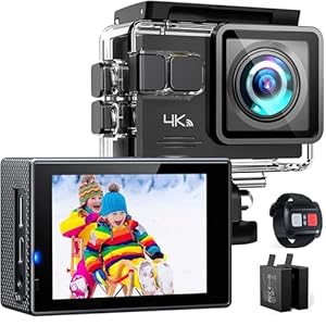 Action Camera, 4K/30FPS WiFi, 170° Wide Angle Lens EIS Waterproof Camera Underwater 40m, External Microphone Remote Control with 2 1050mAh Batteries and Accessories Mount Kit