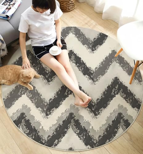 Tapis rond gris 80cm lavable et antidérapant à rayures pour salon