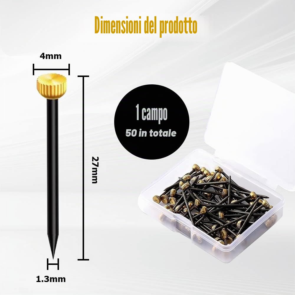 Dreamil Set di 50 chiodi per quadri, in ottone, con contenitore per unghie, per cornici, bacheche, tela (lunghezza 2,5 cm)