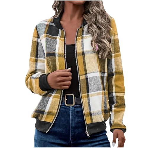 Bomber Jacket Women Plaid Shacket Lightweight Zip Up Fall Jackets Vintage Casual Winter Coats Y2K Fall Outfits Outwear