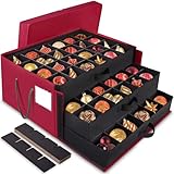 BlessedSeason Christmas Ornament Storage Box，Stackable 3 Drawer Organizers，Max 72 3' Christmas bauble, Adjustable Christmas Ball Storage Container Bins, Red