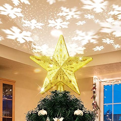 Yostyle Christmas Tree Topper Lighted Star Tree Topper with LED Rotating Star Projector Lights,3D Hollow Golden Star Tree Topper for Xmas Tree Decorations Cover
