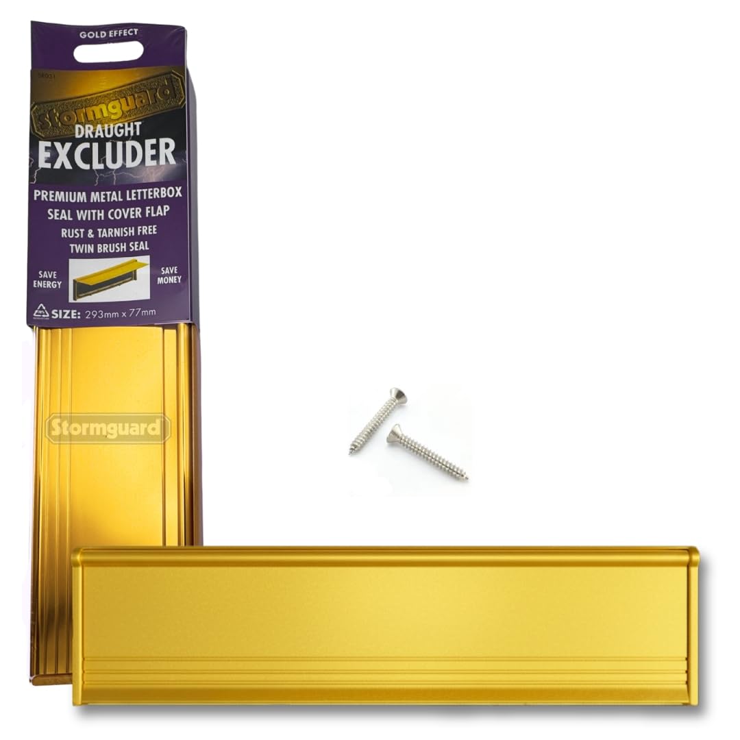 STORMGUARD 06SR0310000G Letter Box Cover with Brush & Flap for Internal OR External Use-Gold Finish, External dimension 293 x 77mm