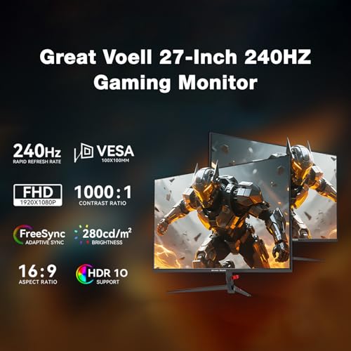 Image of Great voell 27 Inch 240Hz Gaming Monitor FHD 1080P, 1ms, AMD FreeSync Premium, 99% sRGB, HDR Ready, Tilt Adjustable