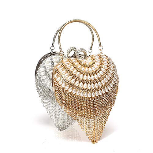 Image of UMREN Women Luxury Heart Shape Tassel Evening Clutch Bag Rhinestones Wedding Party Purse Handbag