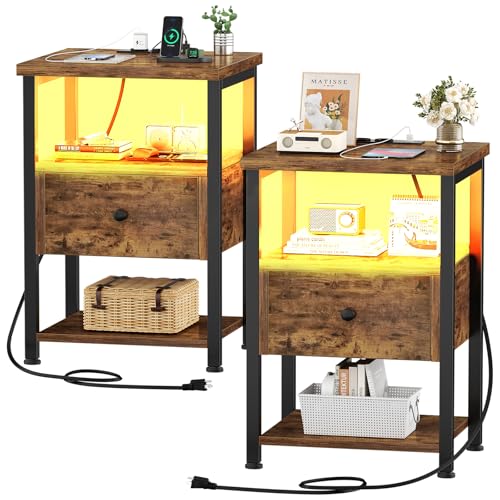 iSunirm Table de Chevet LED Lot de 2 avec Tiroir en Bois, Table de Nuit avec Station de Charge et Éclairage, Meuble de Chevet pour Chambre, Salon, Marron...