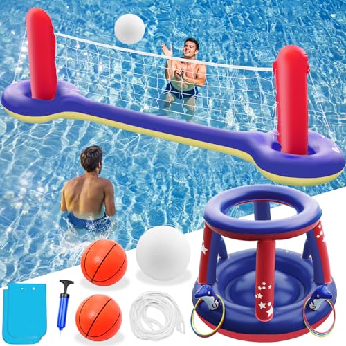 Jasonwell Pool Toys Games Set - 3 in 1 Pool Volleyball Net Basketball Hoop Ring Toss Game Inflatable Floats Water Floating Volleyball Swimming Pools Party Game Gift Kids Teens Adults (Red&Blue, XL)