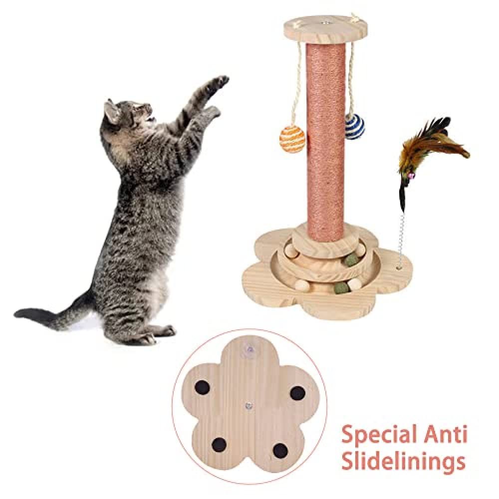 Arbre à Chat Interactif 6-en-1 - Avec Griffoir Sisal, Plateau Tournant, Plateforme, Balle, Plumes - Bois Naturel - Pour Chats Petits/moyens