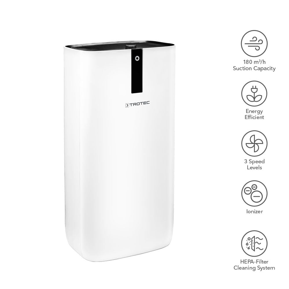TROTEC Oczyszczacz powietrza AirgoClean® 15 E – filtr HEPA dla alergików – pomieszczenia do 21 m² /53 m³, poziom dmuchawy 3, usuwa 95% wszystkich cząstek, nadaje się do palarni, energooszczędny