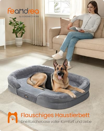 Feandrea Hundebett, Hundekissen, für extra große Hunde, 122 x 85 x 20 cm, orthopädisch, wasserdichte Innenschicht, erhöhte Ränder, Abnehmbarer, waschbarer Bezug, rutschfest, hellgrau PGW284G01