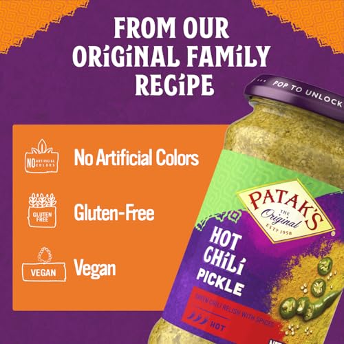 Patak’s Hot Chile Pickle - Authentic Indian Relish w/Green Chiles, Mustard Seeds & Aromatic Spices - Perfect for Sandwiches, Curries, Salads & Cold Meats - Vegan Spicy Pickle - 10oz Jar (Pack of 1)