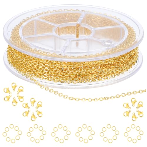 COMNICO Cadena de acero inoxidable de 16.4 pies, rollo de cadena de eslabones de cable de joyería de 2,4 mm, suministros de manualidades, hallazgos con 20 cierres de langosta, 50 anillos de salto para