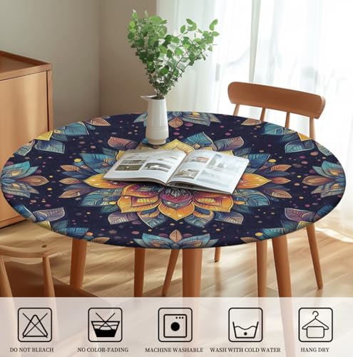 Yesad Round Tablecloth Stretch Round Fitted Tablecloth with Elastic, Boho Waterproof Table Cloth for 31"-35" Round Table, 36Inch by Yesad - Used condition - Image 6
