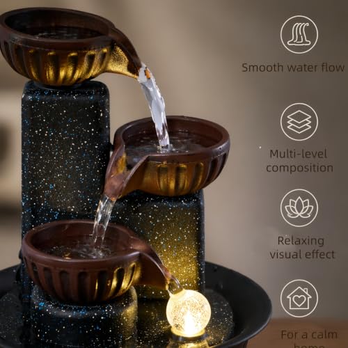 Image of 3-Tier Tabletop Water Fountain with Warm Ambient Light, Cascading Bowl Design, Compact Indoor Desk Decor, 8.3x6.3 inch Indoor Calming Cascading Waterfall Fountain (Brown)