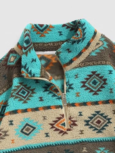 Image of ZAFUL Men 1 /4 Zipper Ethnic Aztec Fleece Unisex Winter Sweatshirt Tops 2026 | Funnel Neck Fluffy Polar Fleece Faux Sherpa Soft Thermal Pullover Kangaroo Pocket Jacket Hoodie Tops