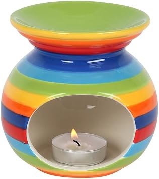 Stunning Rainbow Striped Ceramic Oil Burner - 14cm x 14cm 1 Pc. - Premium Quality Material - Ideal for Aromatherapy, Home Decor Accent & Gift