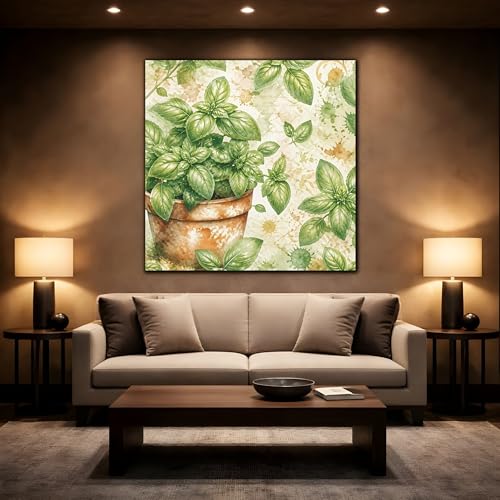 Tableau basilic aquarelle 30x30 anti reflets déco cuisine moderne