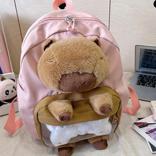 Mochila de peluche Capybara rosa escolar para libros universitarios de gran capacidad 3