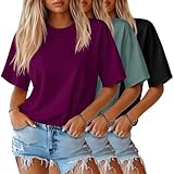 Huukeay 3 Pack Women's Half Sleeve T-Shirts, Crew Neck Elbow Length Tops Loose Casual Basic Tees Summer Cotton Tunic Tops(Black, Gray Green, Burgundy Purple,Medium)