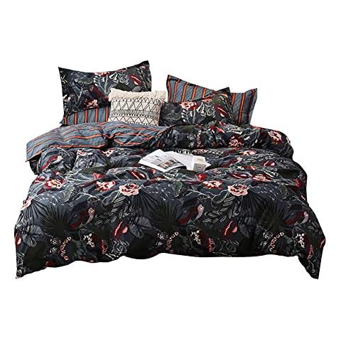 Luofanfei Botanical Duvet Cover 3 Pcs Floral Bedding King Size Striped Bedding Home Collection, Ultra Soft Trendy Hypoallergenic Cover