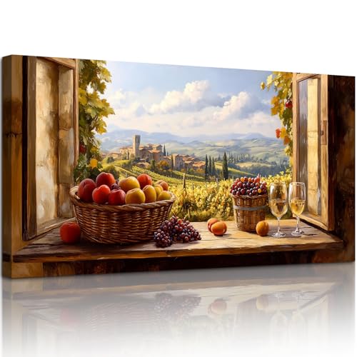 crmotu Faux Window Rustic Wall Art, Fruit Harvest Kitchen Wall Decor, Vineyard Landscape Large Art Prints, Orchard Beyond the Windowsill Pictures for Living Room Dining Room Bedroom 24x48 Inch